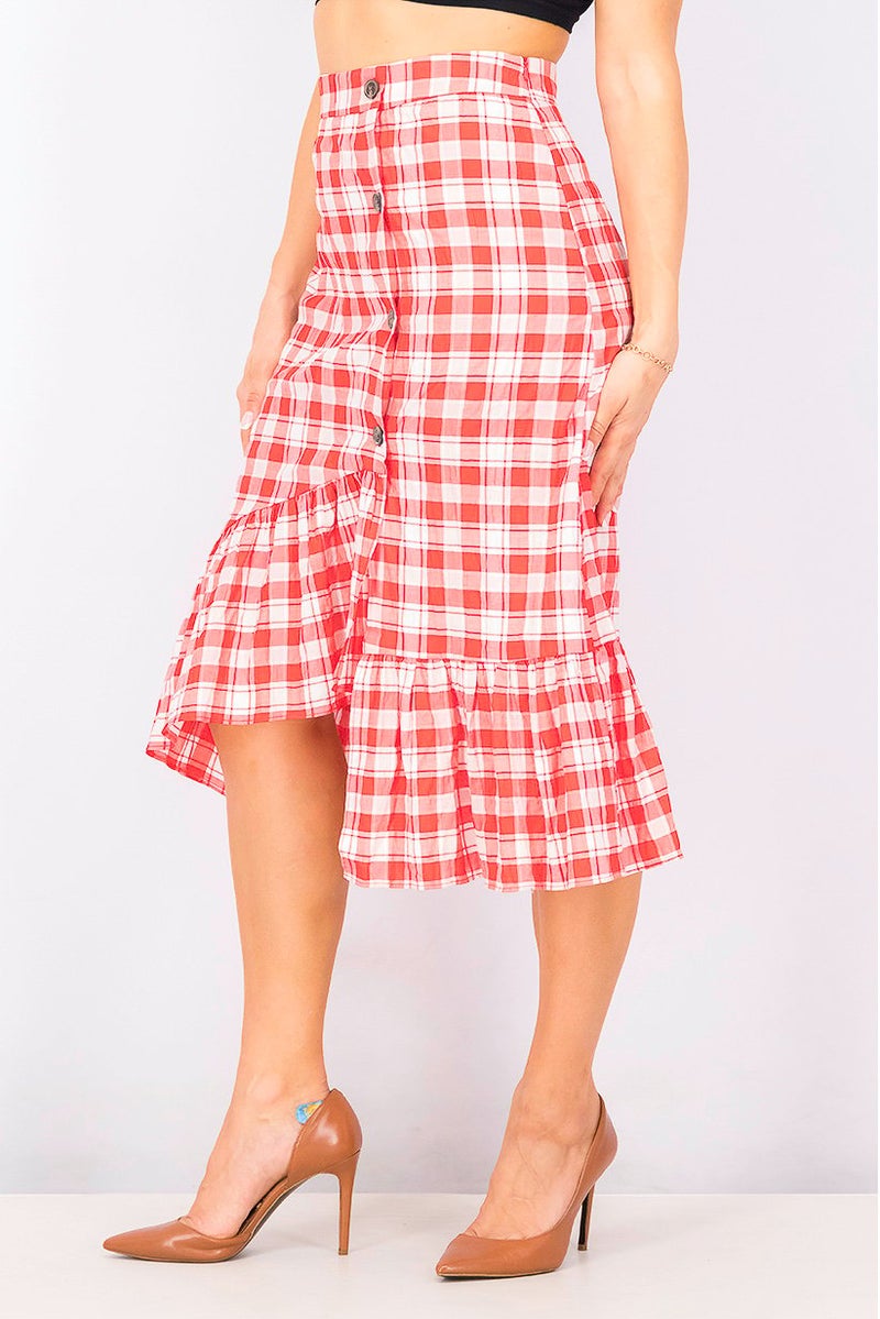 Women Checkered Bubble Skirt, Red