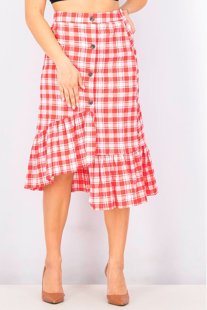 Women Checkered Bubble Skirt, Red