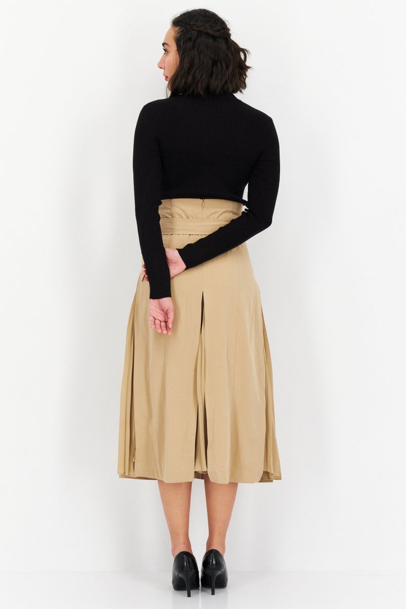 Women Solid Midi Skirt, Tan