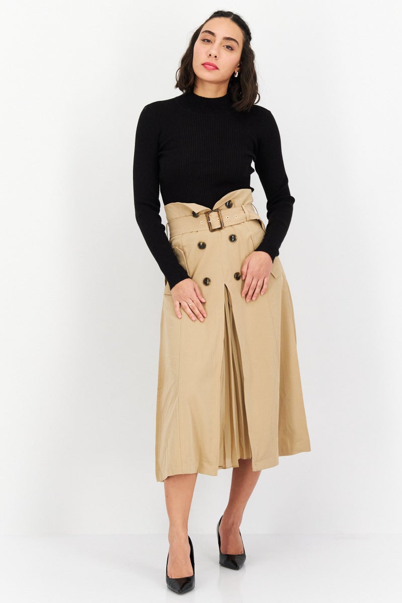 Women Solid Midi Skirt, Tan