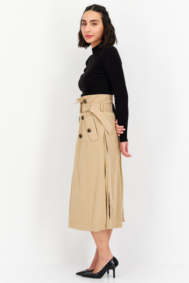 Women Solid Midi Skirt, Tan