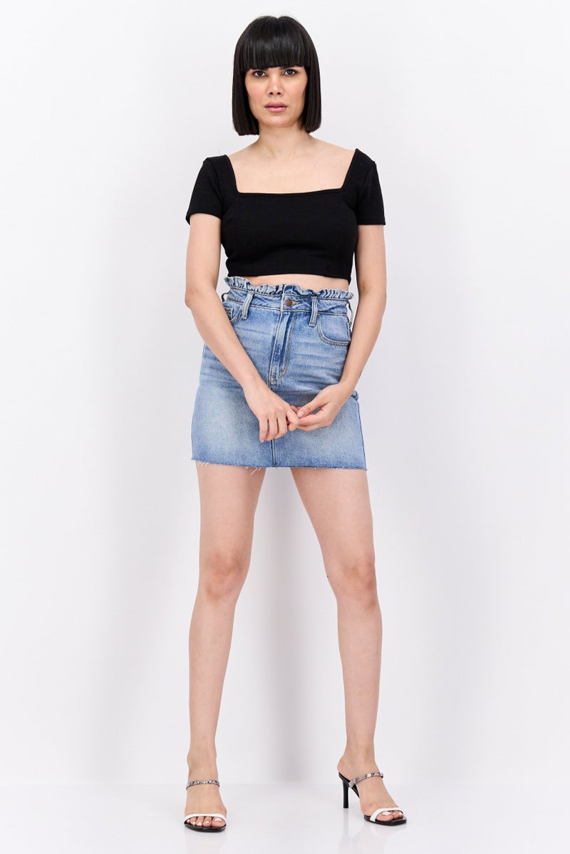 Women Solid Denim Mini Skirts, Blue