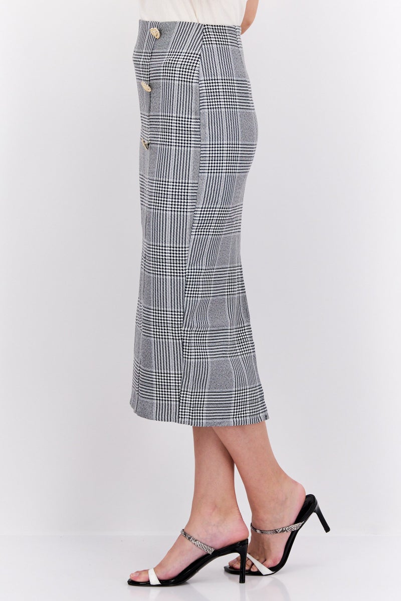 Women Petite Houndstooth Print Midi Skirt, Grey/Black