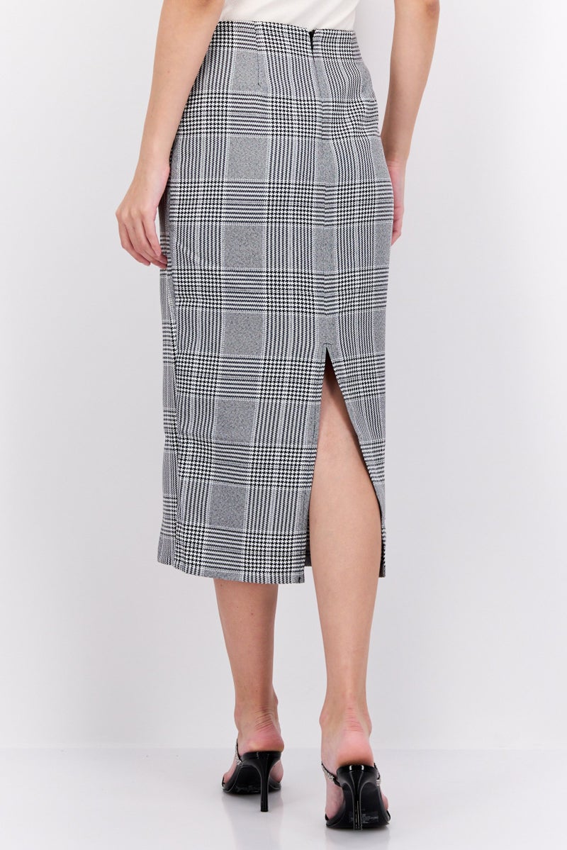 Women Petite Houndstooth Print Midi Skirt, Grey/Black