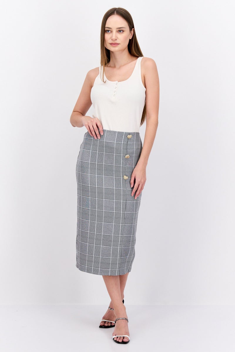 Women Petite Houndstooth Print Midi Skirt, Grey/Black