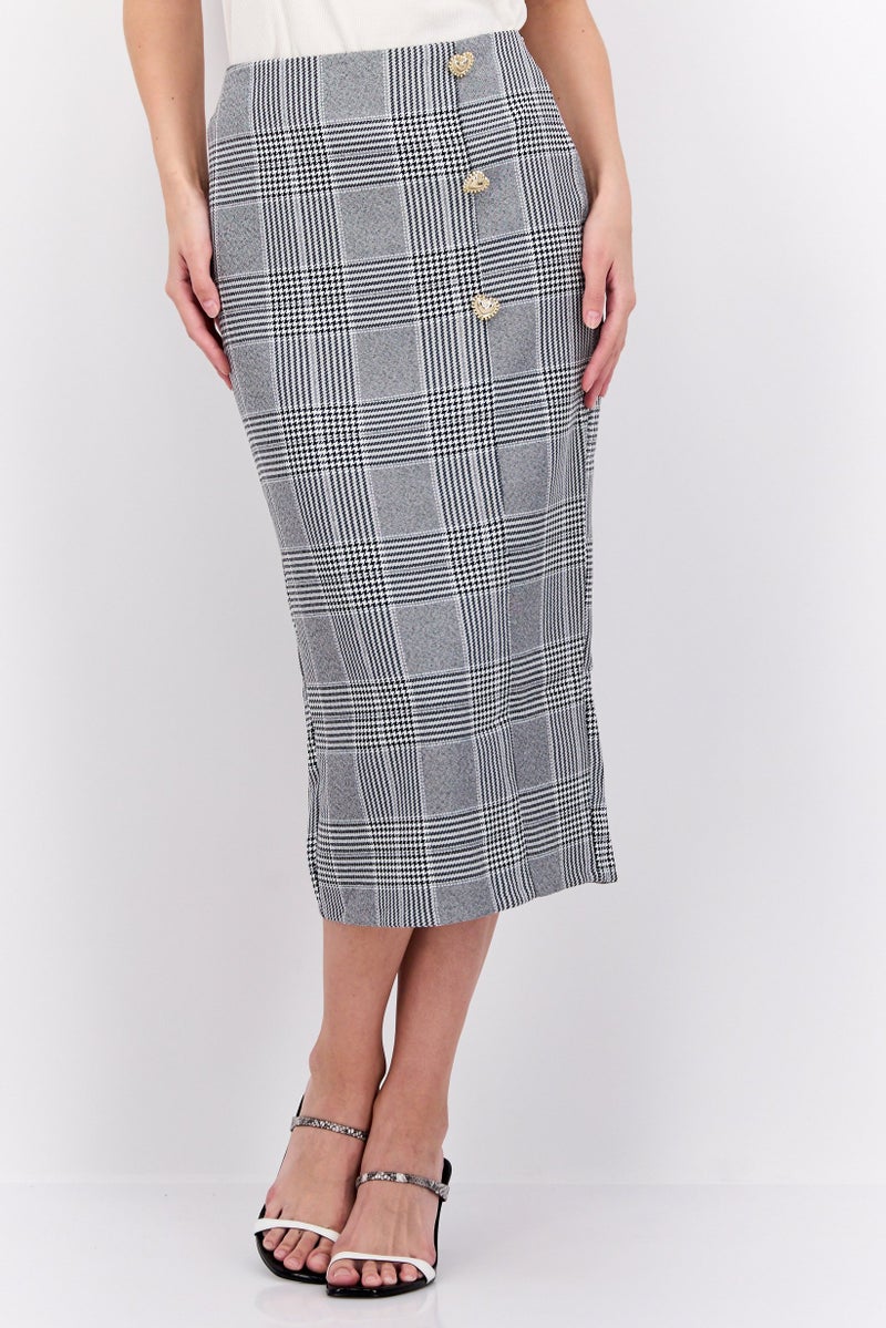 Women Petite Houndstooth Print Midi Skirt, Grey/Black