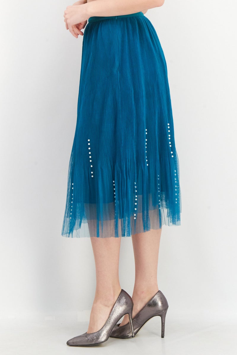 Women Textured Midi Skirt, Retro Blue