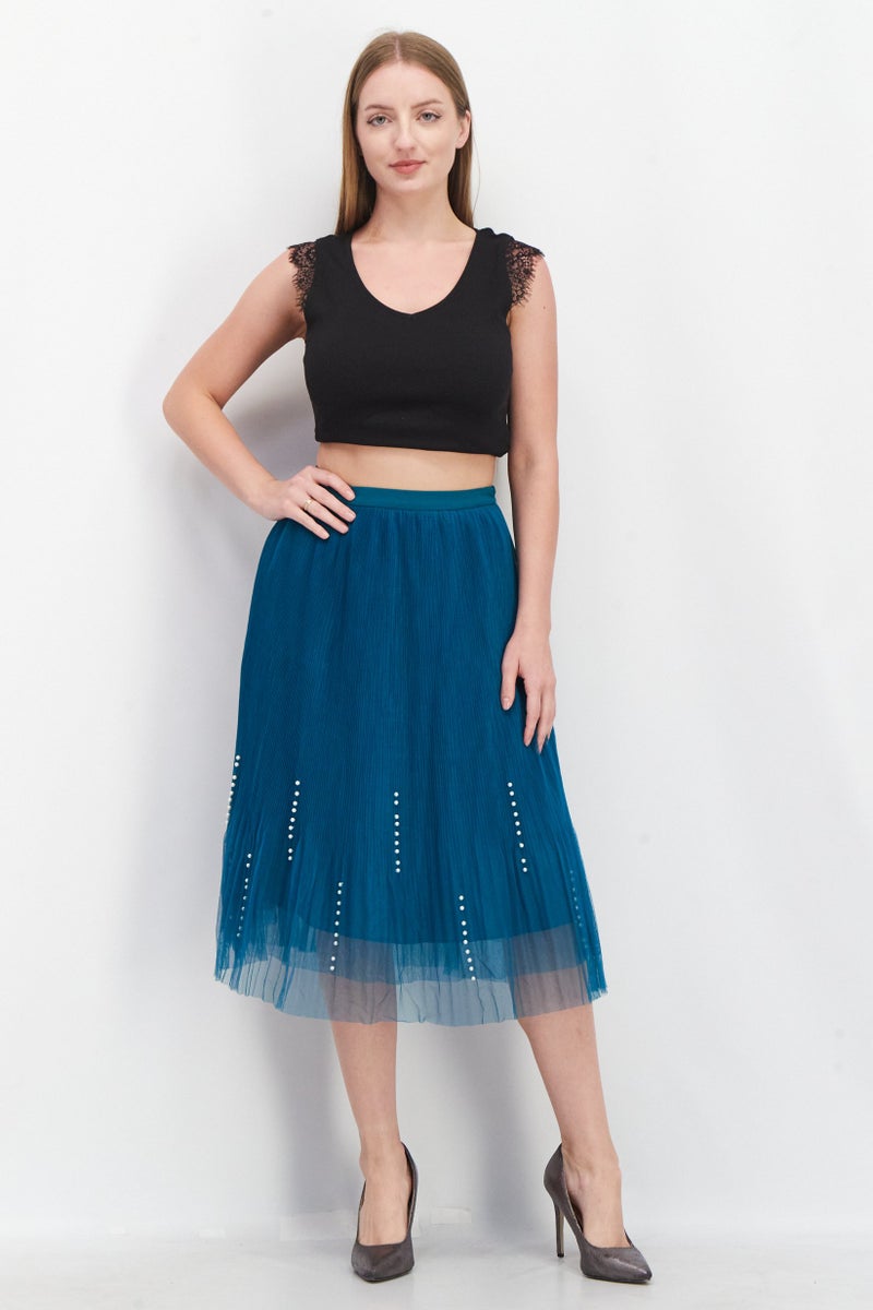 Women Textured Midi Skirt, Retro Blue