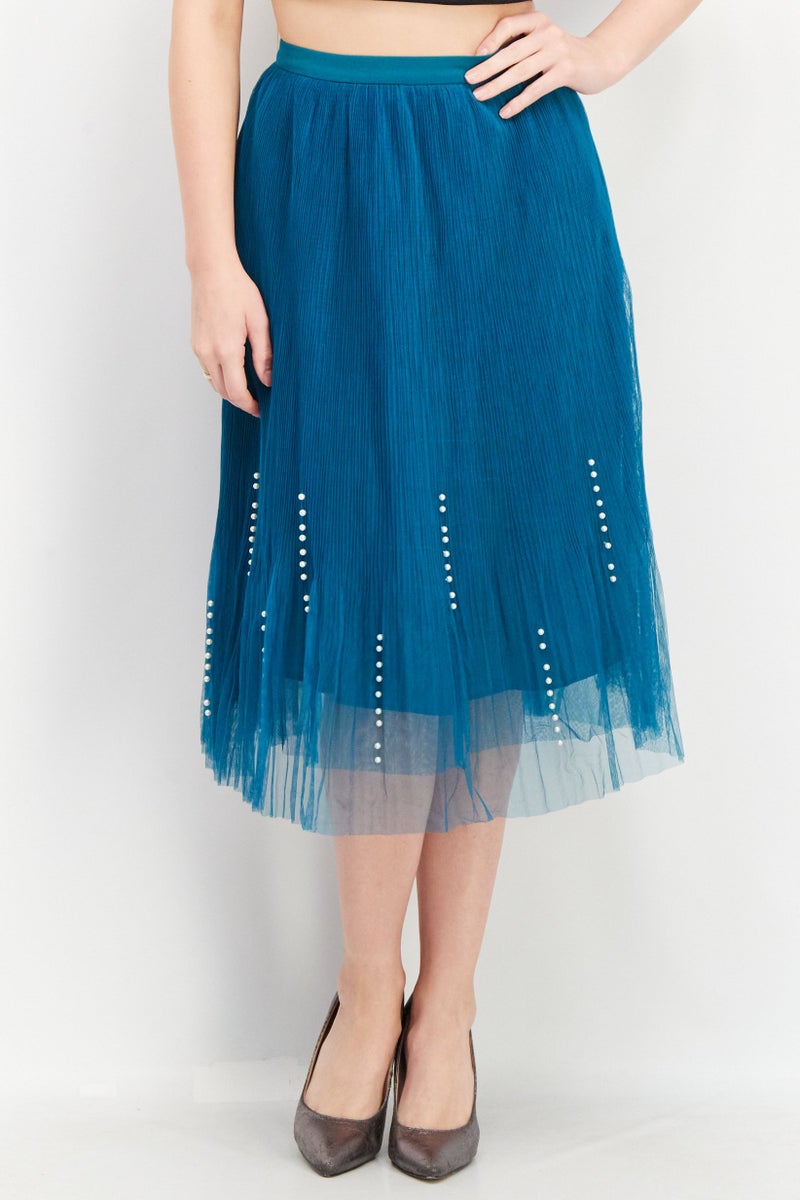 Women Textured Midi Skirt, Retro Blue