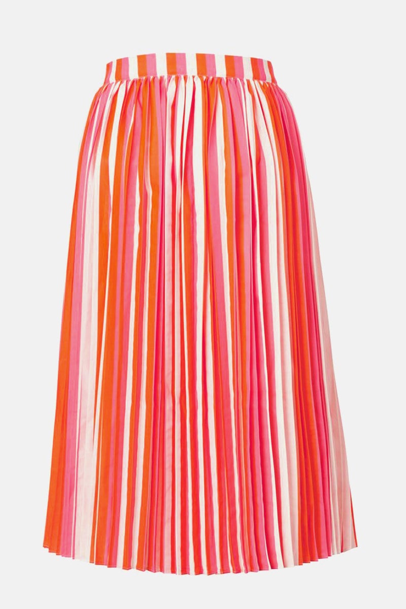 Women Stripe Pleated A,Line Skirt, Pink and Orange Combo