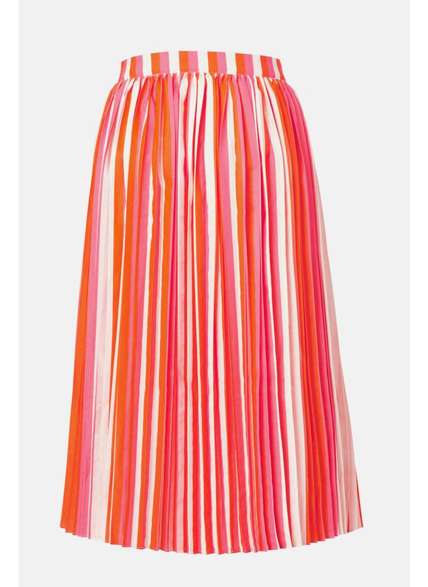 Women Stripe Pleated A,Line Skirt, Pink and Orange Combo