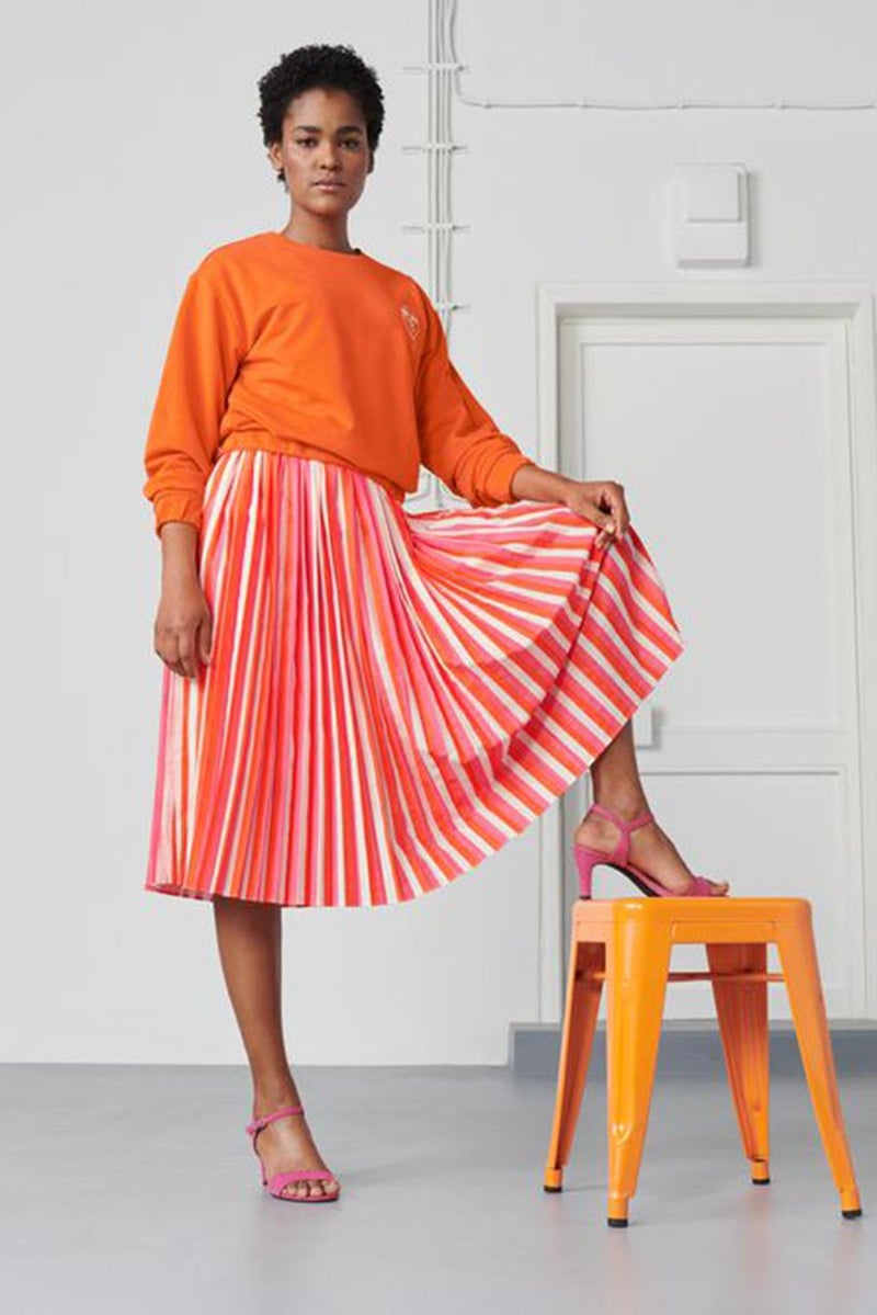 Women Stripe Pleated A,Line Skirt, Pink and Orange Combo