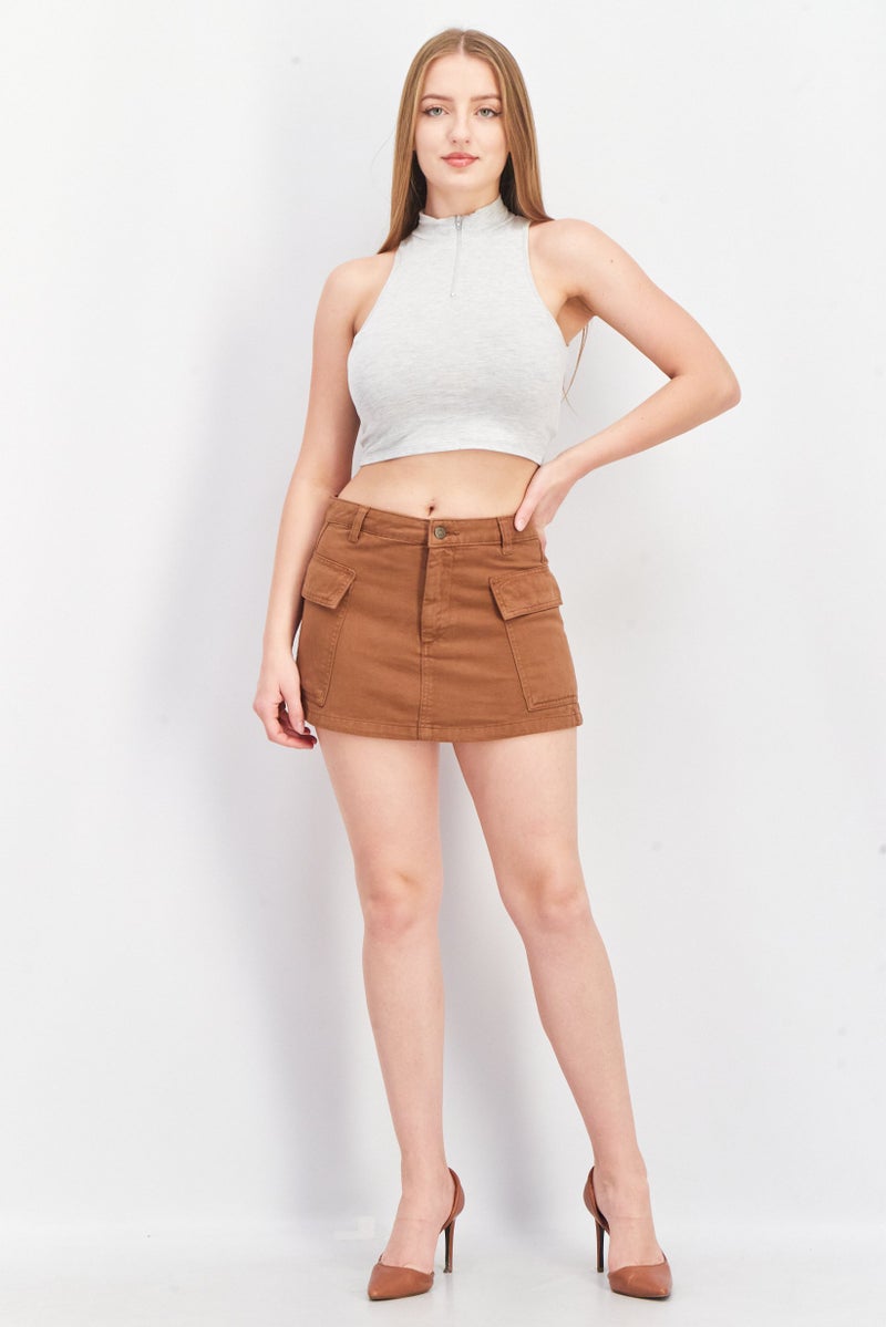 Women Side Pocket Mini Skirts, Brown