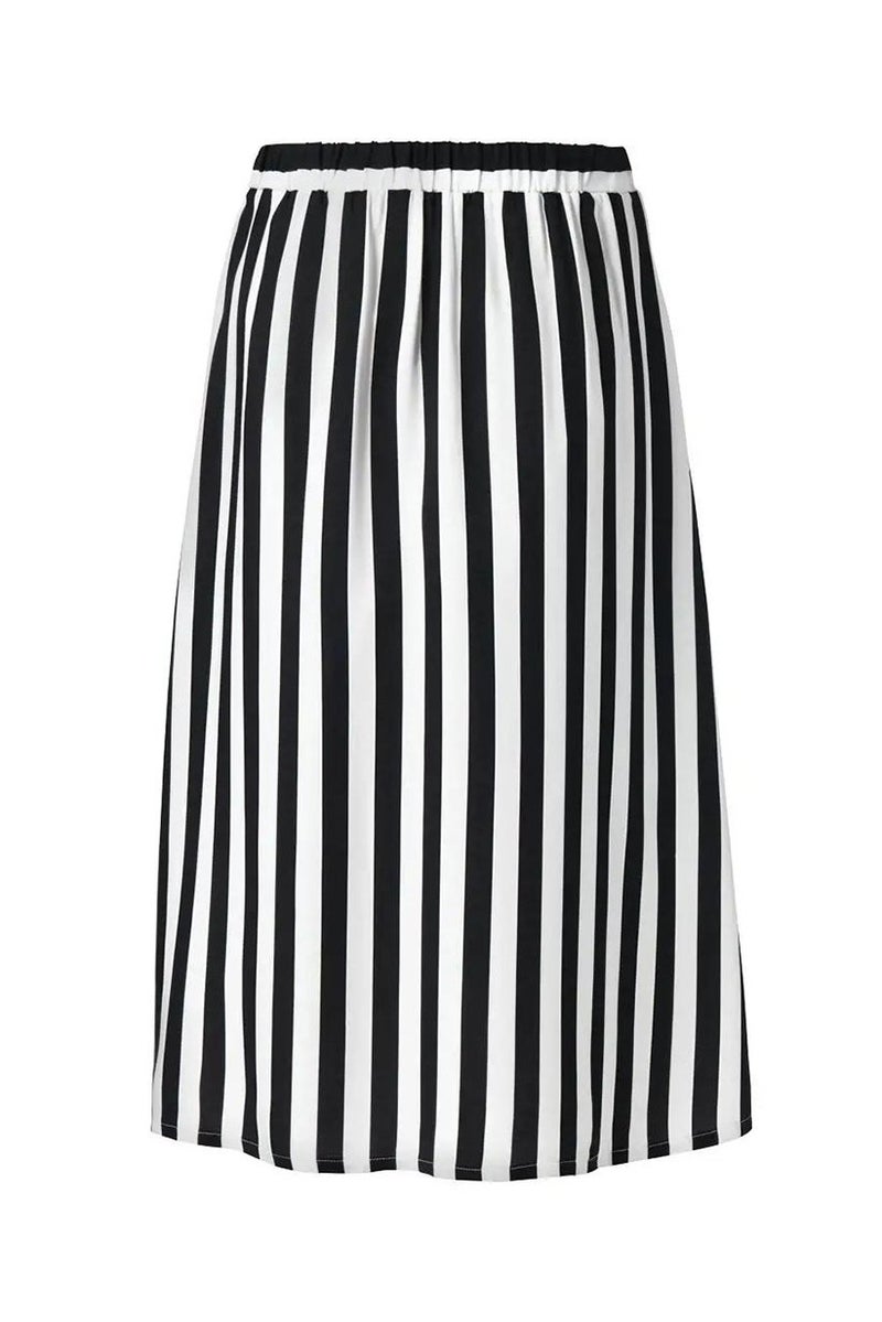 Women Stripe Belted Midi Skirt, Black and White