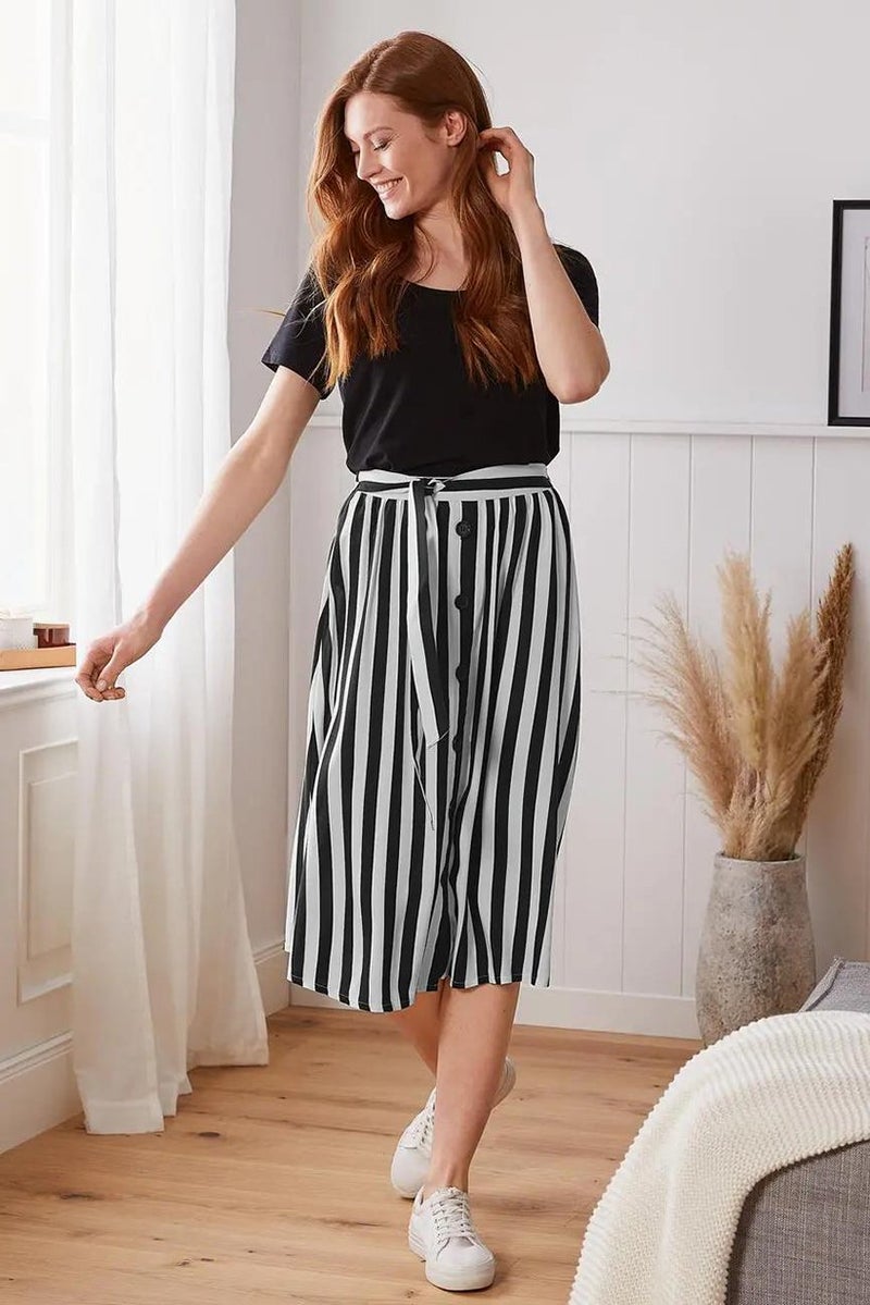 Women Stripe Belted Midi Skirt, Black and White