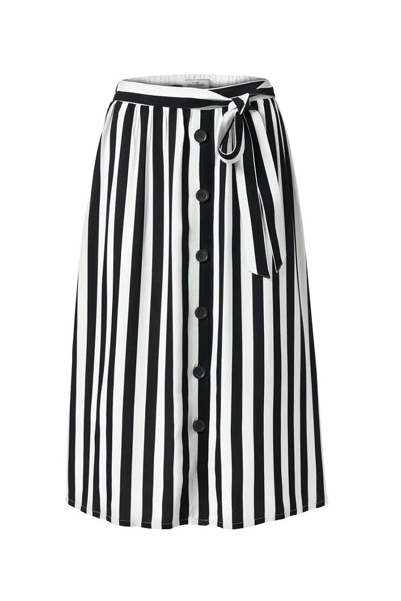 Women Stripe Belted Midi Skirt, Black and White