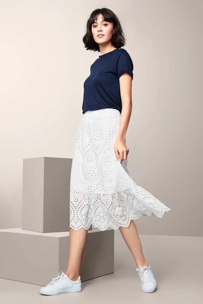 Women Eyelet Midi Skirt, White