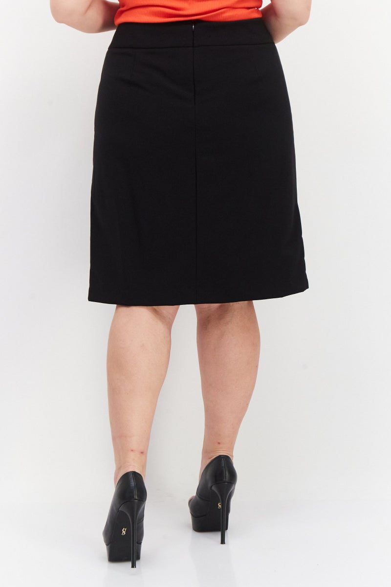 Women Plus Size Button-Waist Plain Pencil Skirt, Black