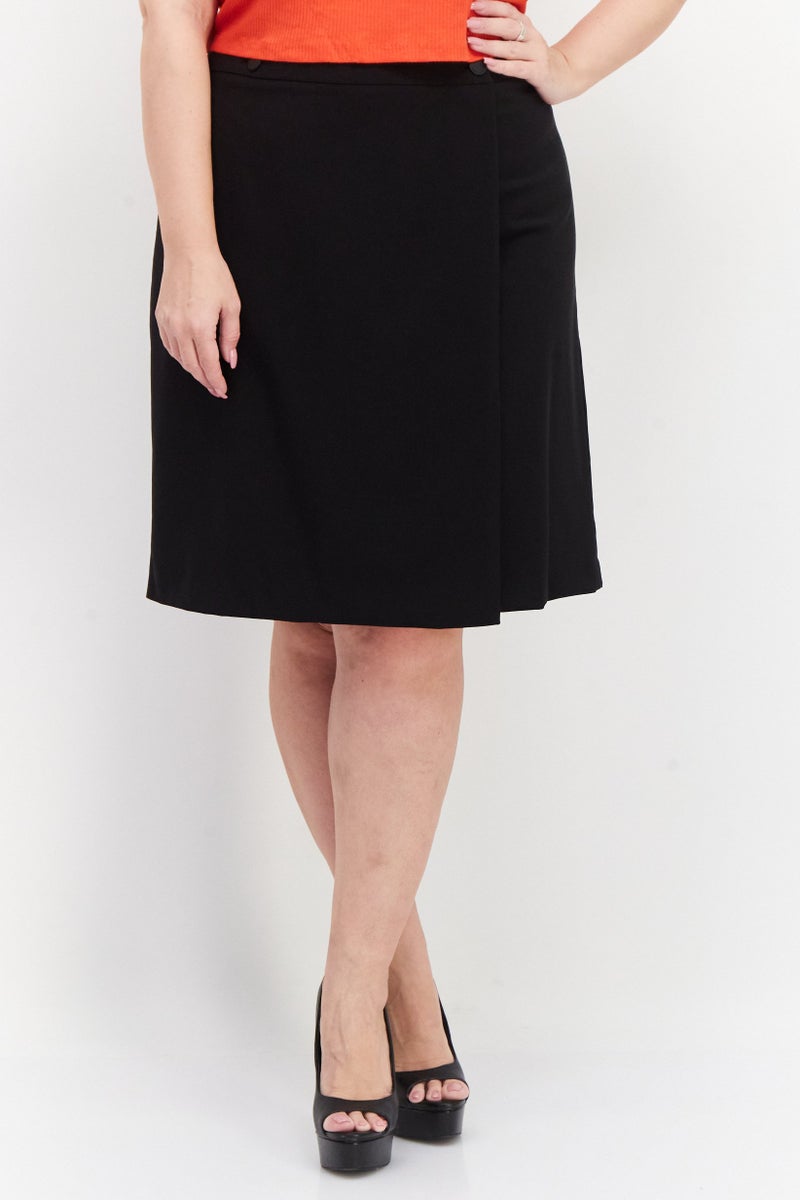 Women Plus Size Button-Waist Plain Pencil Skirt, Black