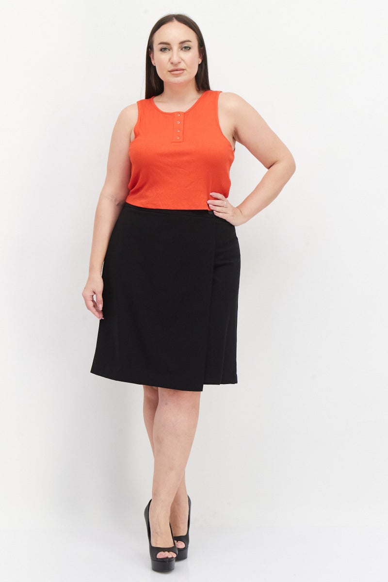 Women Plus Size Button-Waist Plain Pencil Skirt, Black