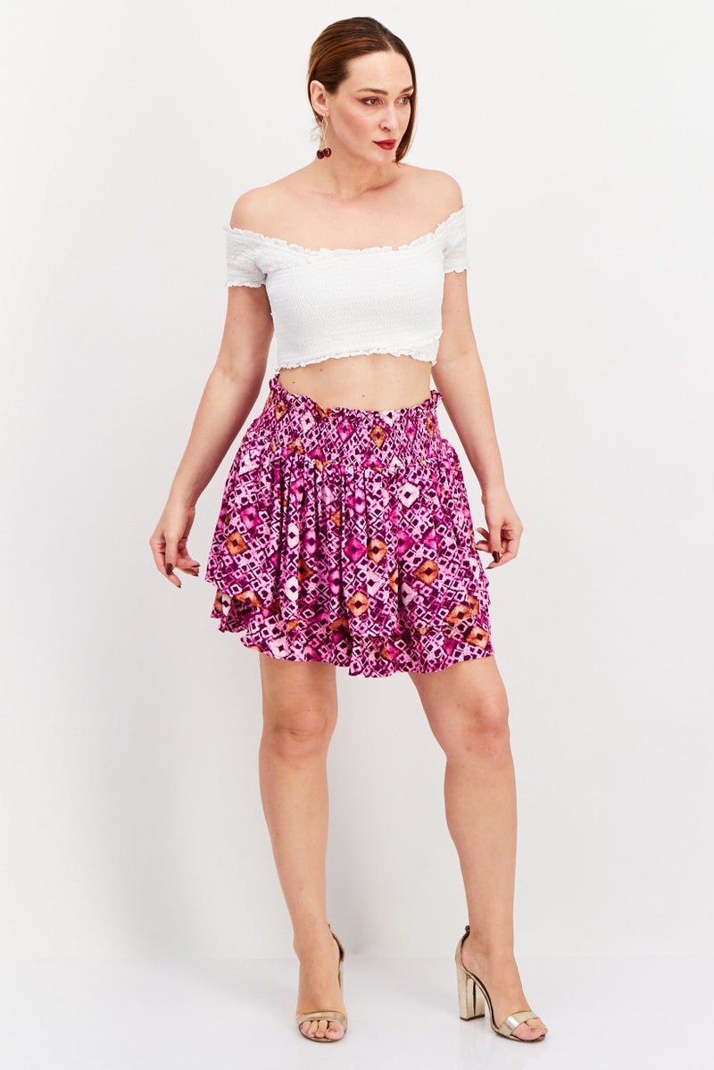 Women Abstract Printed Ruffle Skirt, Purple Combo