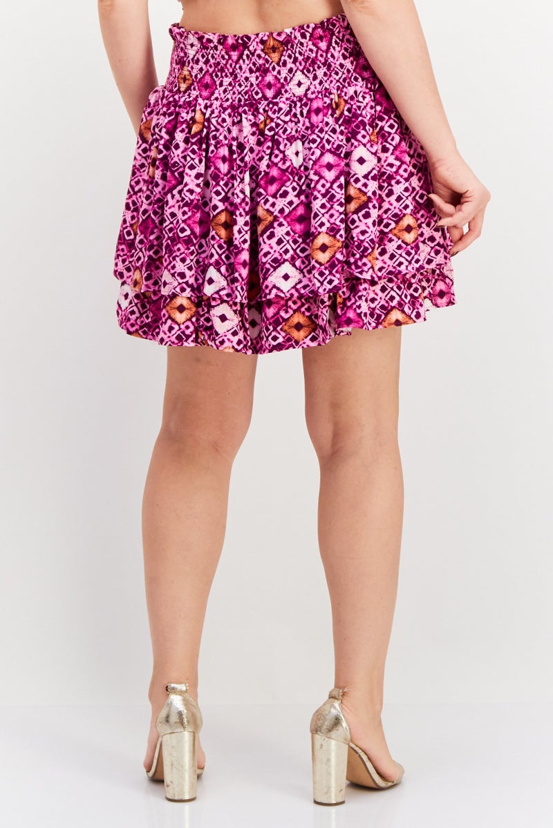 Women Abstract Printed Ruffle Skirt, Purple Combo