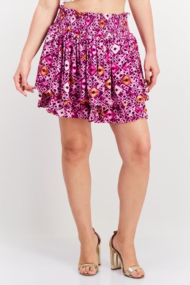 Women Abstract Printed Ruffle Skirt, Purple Combo