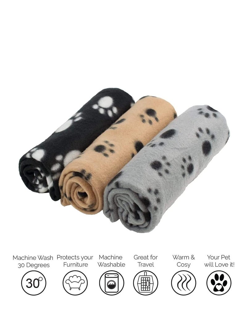 Pet Blankets Soft Dog Cat Fleece Blankets Extra Large Plush Throws Dog Cat New Pet Touch Soft Fleece Large Pet Blankets Kittens Paws Pack of 3 Khaki Grey and Black 100cm x 70cm