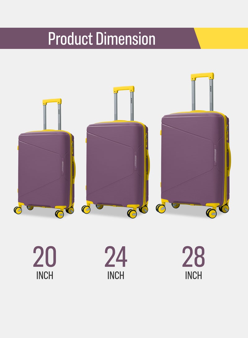 3 Piece Polypropelene Hardside Spinner Luggage Trolley Set 20/24/28 Inch Purple