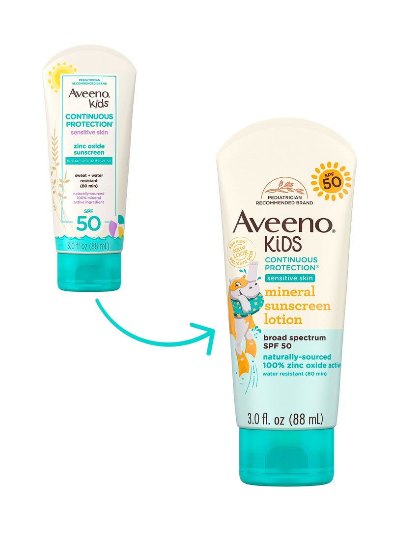 Aveeno Kids Continuous Protection Zinc Oxide Mineral Sunscreen Lotion for Children's Sensitive Skin with Broad Spectrum SPF 50, 3 fl. oz