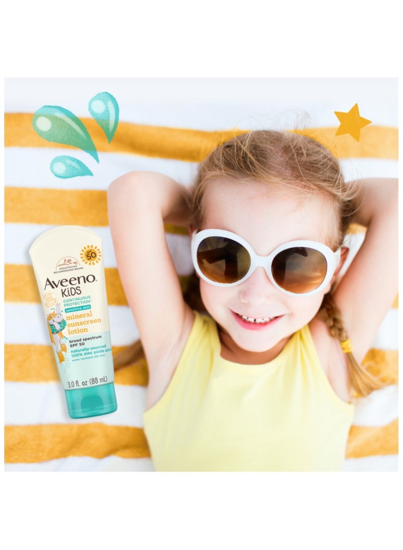 Aveeno Kids Continuous Protection Zinc Oxide Mineral Sunscreen Lotion for Children's Sensitive Skin with Broad Spectrum SPF 50, 3 fl. oz