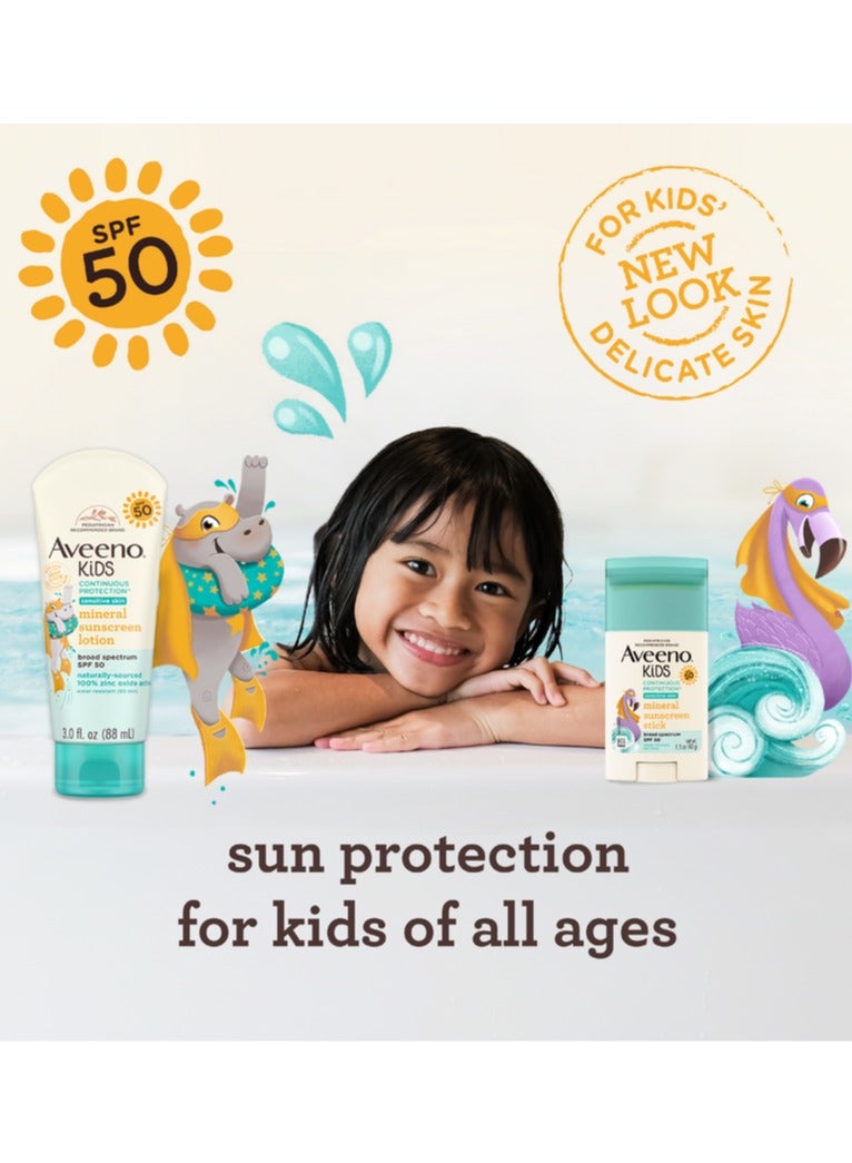 Aveeno Kids Continuous Protection Zinc Oxide Mineral Sunscreen Lotion for Children's Sensitive Skin with Broad Spectrum SPF 50, 3 fl. oz