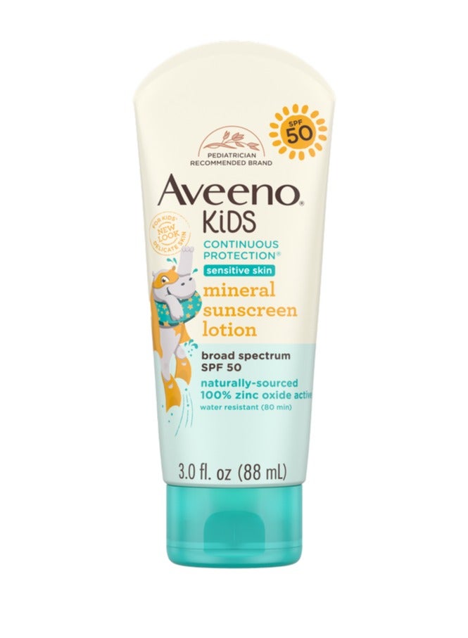 Aveeno Kids Continuous Protection Zinc Oxide Mineral Sunscreen Lotion for Children's Sensitive Skin with Broad Spectrum SPF 50, 3 fl. oz