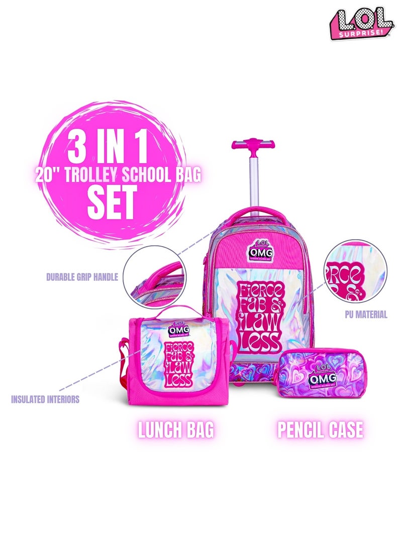 MGA LOL  20 Inch Kids Premium 3-in-1 Trolley School Bag Set - Ergonomic Backpack, Insulated Lunch Bag & Pencil Case,Lightweight, Durable, Students 6+ - Perfect for Travel & School,For Girls
