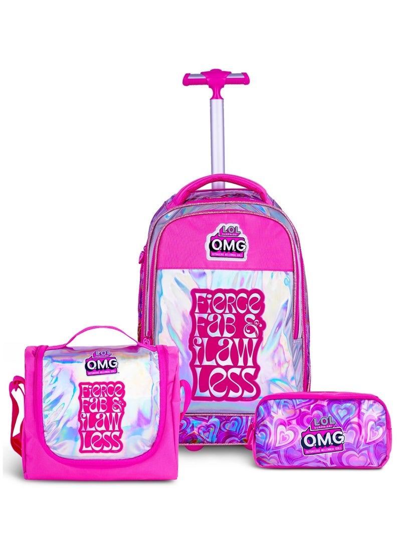 MGA LOL  20 Inch Kids Premium 3-in-1 Trolley School Bag Set - Ergonomic Backpack, Insulated Lunch Bag & Pencil Case,Lightweight, Durable, Students 6+ - Perfect for Travel & School,For Girls