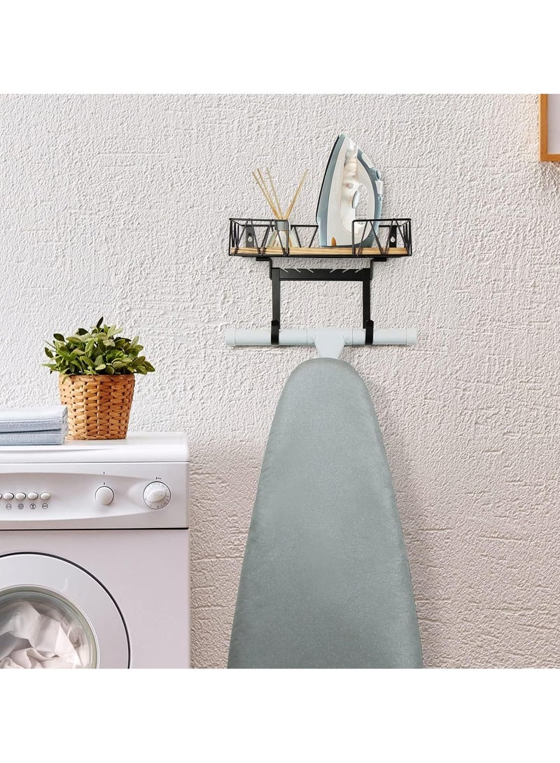 Ironing Board Hanger Wall Mount with Large Storage Wooden Base Basket Ironing Board Wall Mount with Large Storage Space, Wooden Base Basket and Removable Hooks