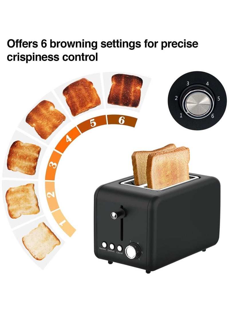 Compact Two Slot Electric Bread Toaster With Six Toast Settings Defrost Reheat Cancel Functions Removable Crumb Tray Fast Heating Stainless Steel Black Kitchen Toaster