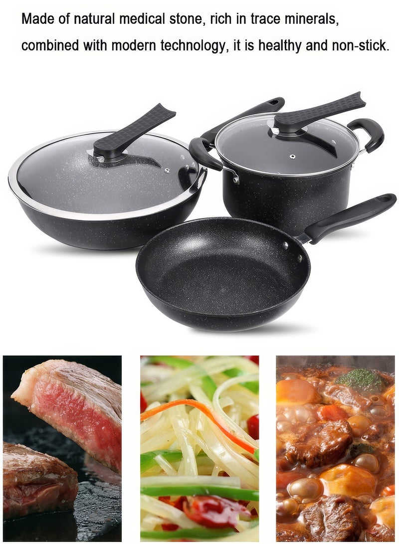 Hard Nonstick Fry Pan Set 3 Piece, Induction Oven Broiler Safe 500F, Cookware Black