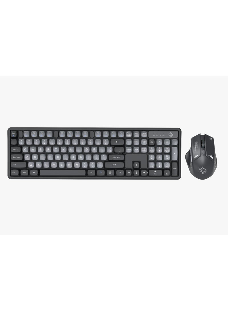 2.4Ghz Wireless Keyboard with 1600 DPI Mouse Combo / keyboard with 104 Tactile Keys and Arabic Keys / Mouse with Gaming Design / Plug & Play - Grey/A