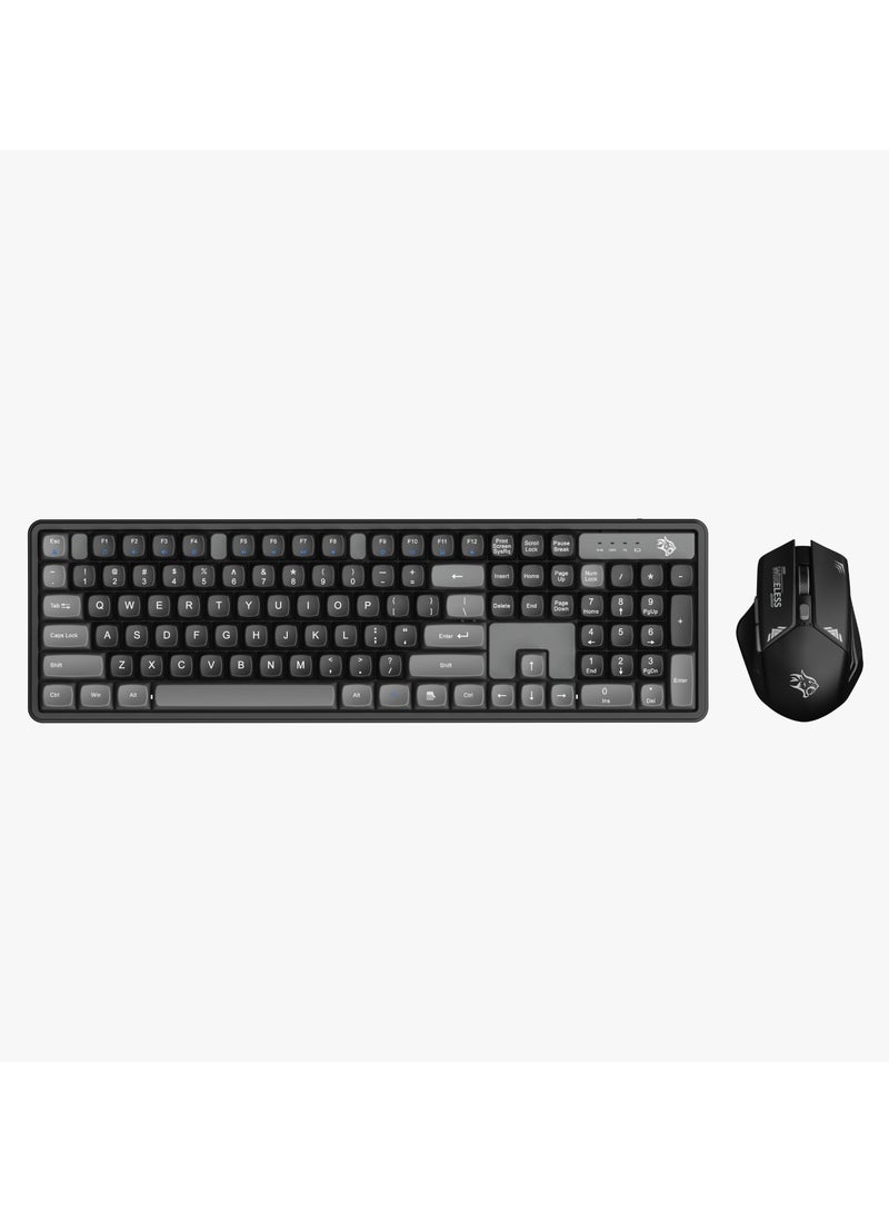 2.4Ghz Wireless Keyboard with 1600 DPI Mouse Combo / keyboard with 104 Tactile Keys and Arabic Keys / Mouse with Gaming Design / Plug & Play - Grey/B