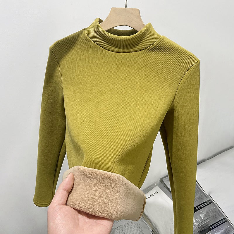 Slim Fit Knit Turtleneck Velvet Warm Top Women Autumn Winter Long SleeveMustard yellow Mustard yellow