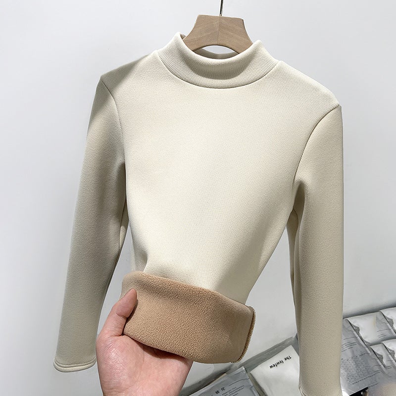 Slim Fit Knit Turtleneck Velvet Warm Top Women Autumn Winter Long SleeveBeige Beige