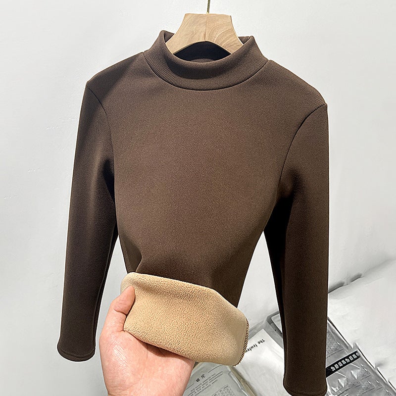 Slim Fit Knit Turtleneck Velvet Warm Top Women Autumn Winter Long SleeveCoffee Coffee