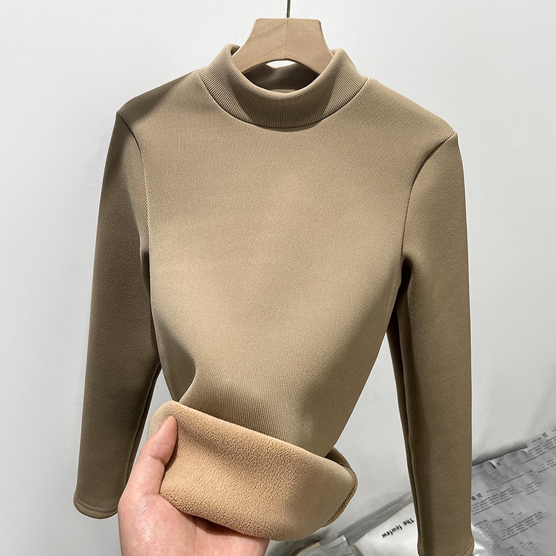 Slim Fit Knit Turtleneck Velvet Warm Top Women Autumn Winter Long SleeveKhaki Khaki