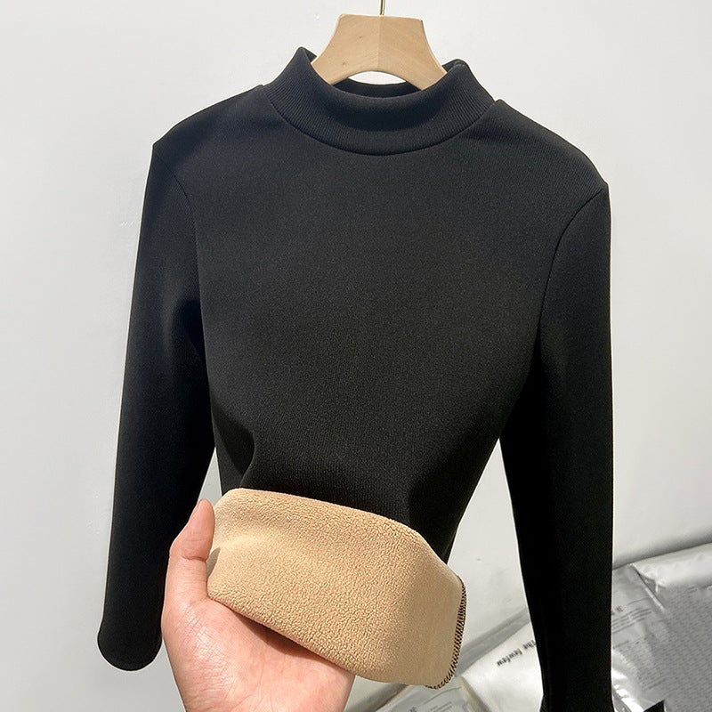 Slim Fit Knit Turtleneck Velvet Warm Top Women Autumn Winter Long SleeveBlack Black