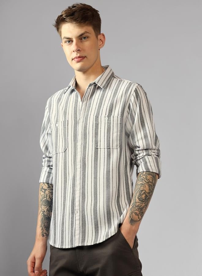 Relaxed Fit Multi Colour Cotton Blended Waffle Striped Spread Collar Full Sleeve Shirt for Men – Unique and Stylish