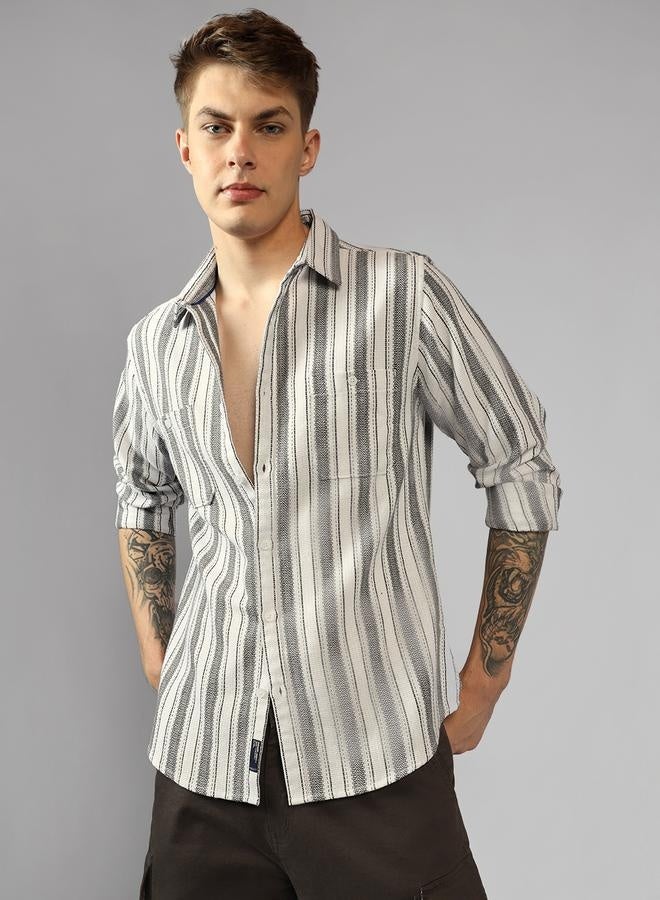 Relaxed Fit Multi Colour Cotton Blended Waffle Striped Spread Collar Full Sleeve Shirt for Men – Unique and Stylish