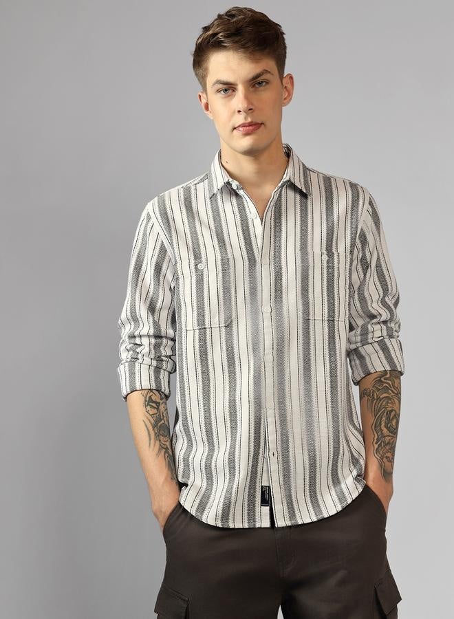 Relaxed Fit Multi Colour Cotton Blended Waffle Striped Spread Collar Full Sleeve Shirt for Men – Unique and Stylish