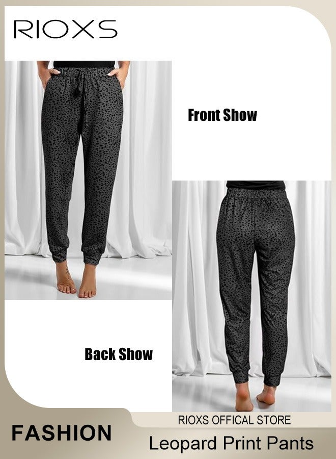 Women's Long Pant, Casual Trousers With Front Pockets, Regular Fit Basic Trousers For Women, Ladies Classic Capri Pants, Baggy Wide Leg Pants, Elastic Waisted Loose Harem Pants, Comfy Beach Trousers For Work And Daily Wear-Black Leopard Trousers