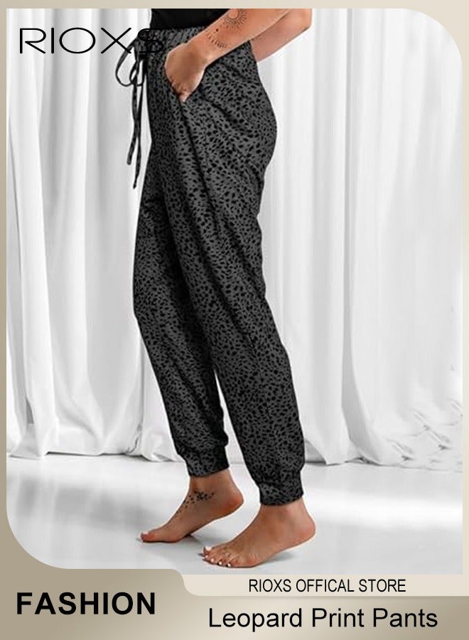 Women's Long Pant, Casual Trousers With Front Pockets, Regular Fit Basic Trousers For Women, Ladies Classic Capri Pants, Baggy Wide Leg Pants, Elastic Waisted Loose Harem Pants, Comfy Beach Trousers For Work And Daily Wear-Black Leopard Trousers